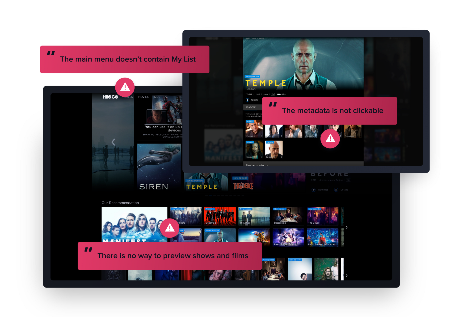 usability issues in HBO GO web application