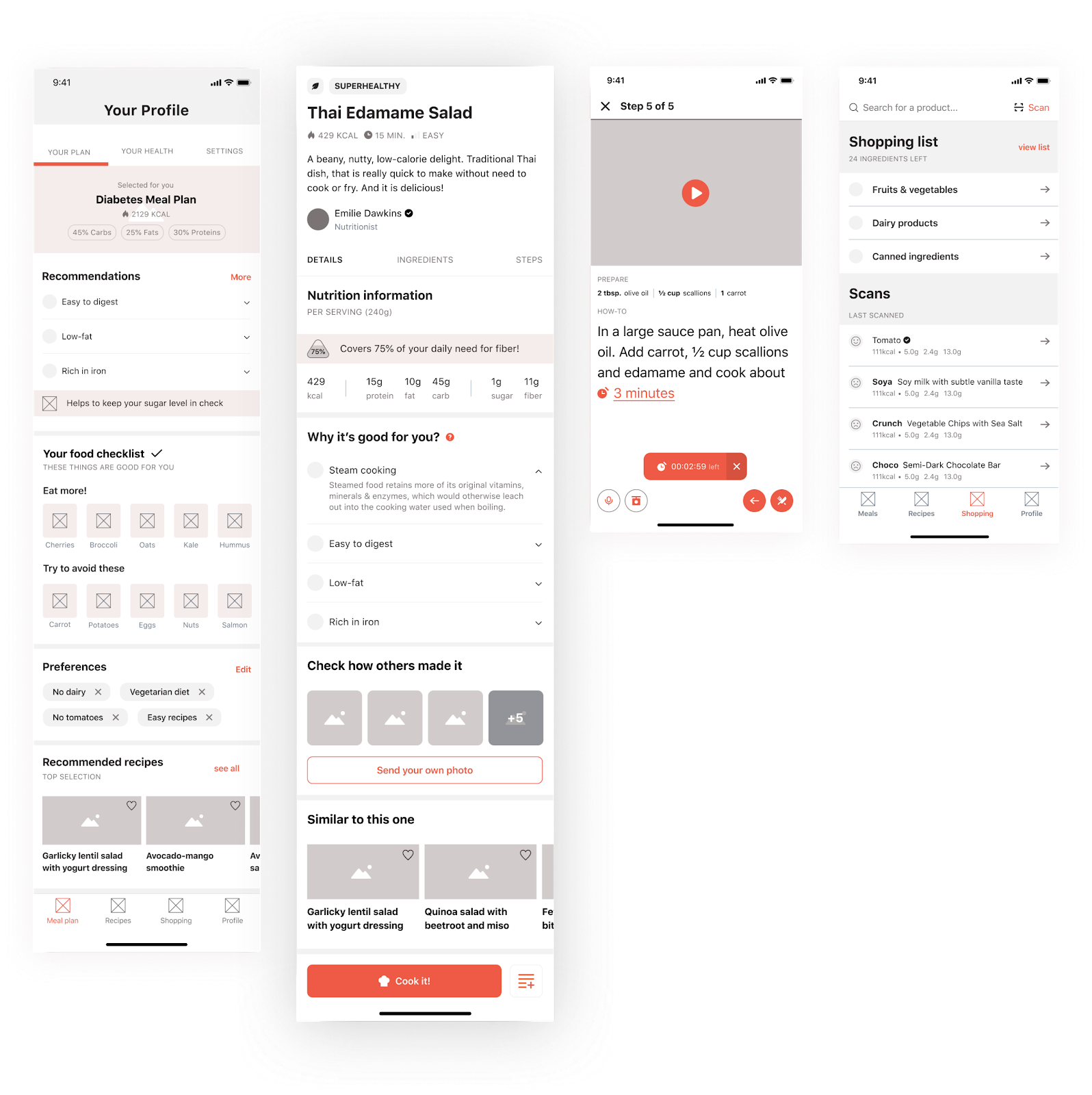 The Healthy Meal app’s screens during the wireframing phase